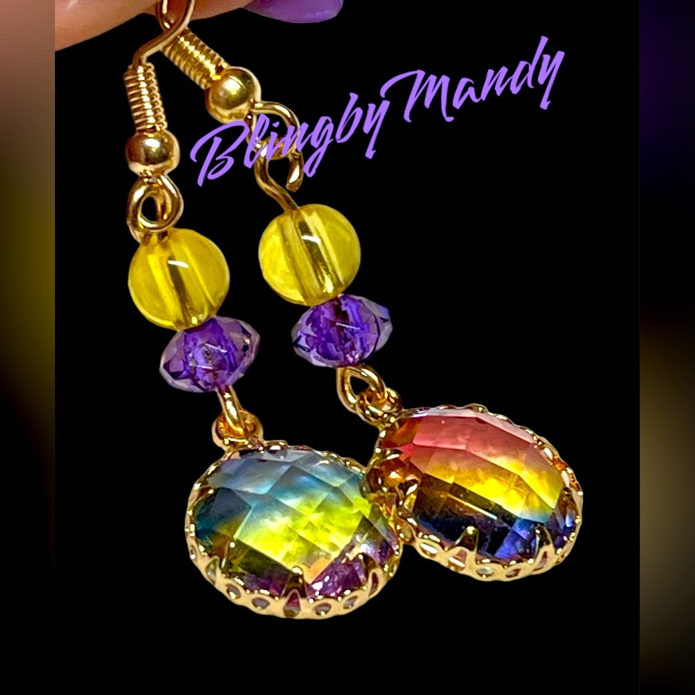 Pretty tri coloured faceted tourmaline like coloured glass earrings